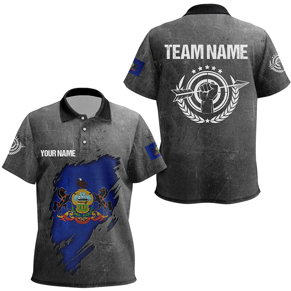 Grunge Pennsylvania Archery Polo Shirts, Custom Patriotic Pennsylvania Flag Archery Jerseys, Archery Team Shirts, Custom Archery Shirts