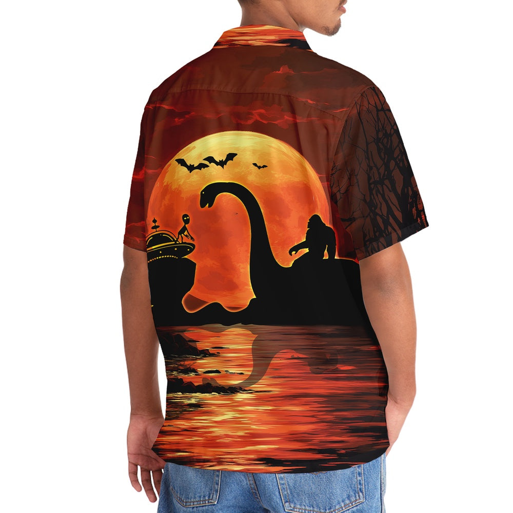 Halloween Bigfoot Riding On Lochness Monster And Alien Hawaiian Shirt, Funny Hawaiian Shirt, Cool Hawaiian Shirts, Best Hawaiian Shirts