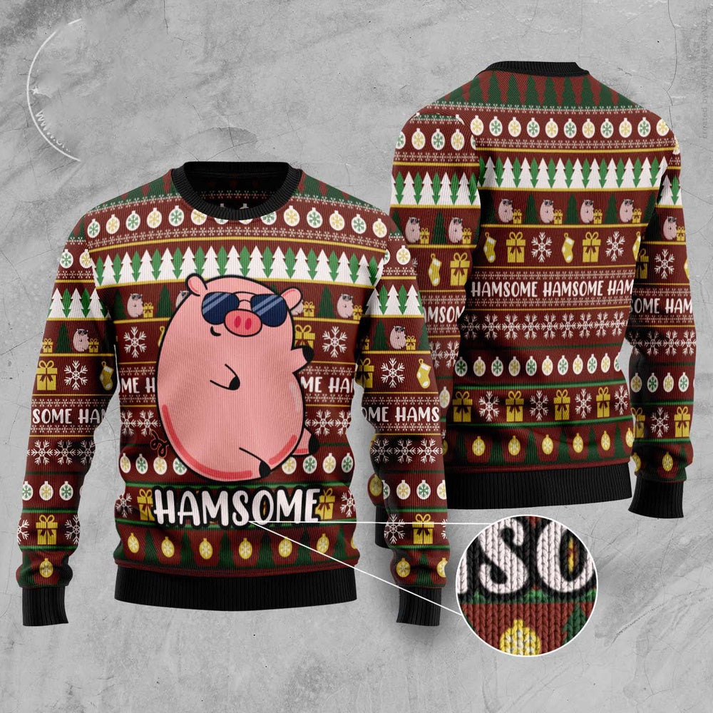 Hamsome Cute Pig Ugly Christmas Sweater, Funny Xmas Sweater, Sweater Xmas
