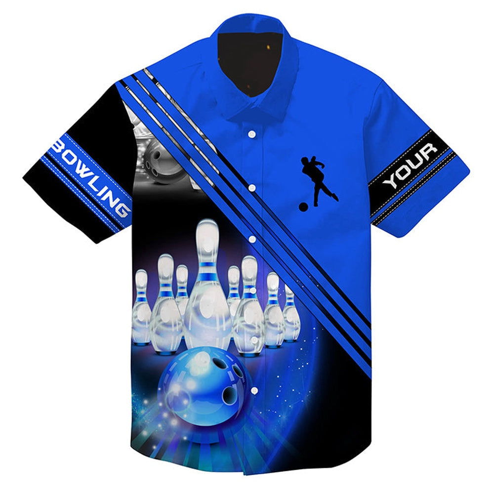 Hawaiian Bowling Shirt, Bowling Ball And Pins Team Shirt, Button Up Bowling Shirts Blue, Custom Bowling Shirt, Button Up Bowling Shirts