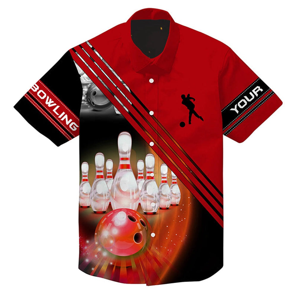 Hawaiian Bowling Shirt, Bowling Ball And Pins Team Shirt, Button Up Bowling Shirts Red, Custom Bowling Shirt, Button Up Bowling Shirts