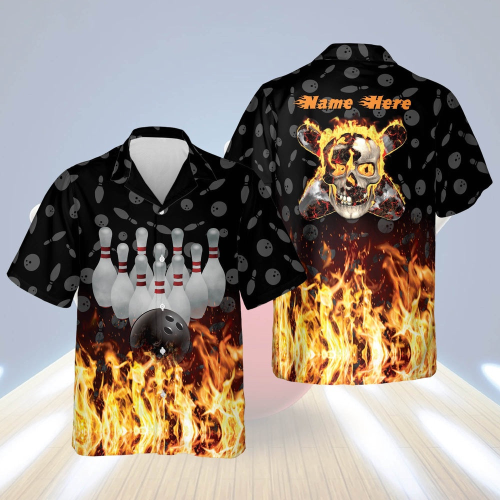 Hawaiian Bowling Shirt, Flame Skull Button-Down Hawaiian Shirt, Custom Bowling Shirt, Button Up Bowling Shirts