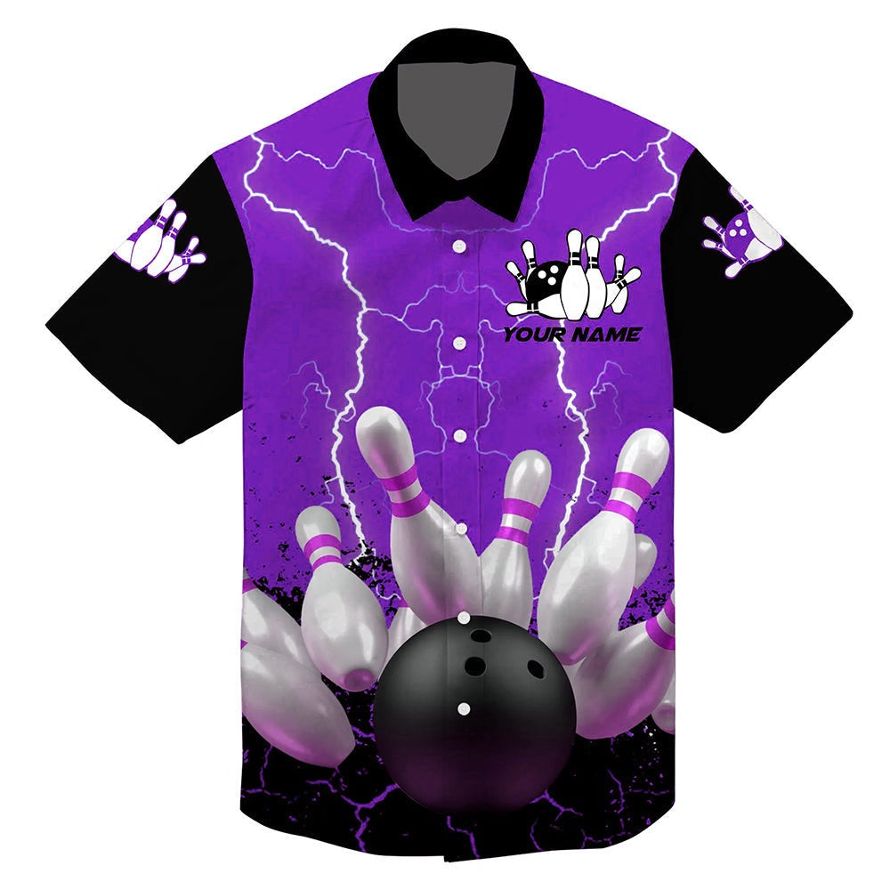 Hawaiian Bowling Shirt, Purple Lightning Hawaiian Bowling Shirts, Custom Bowling Shirt, Button Up Bowling Shirts