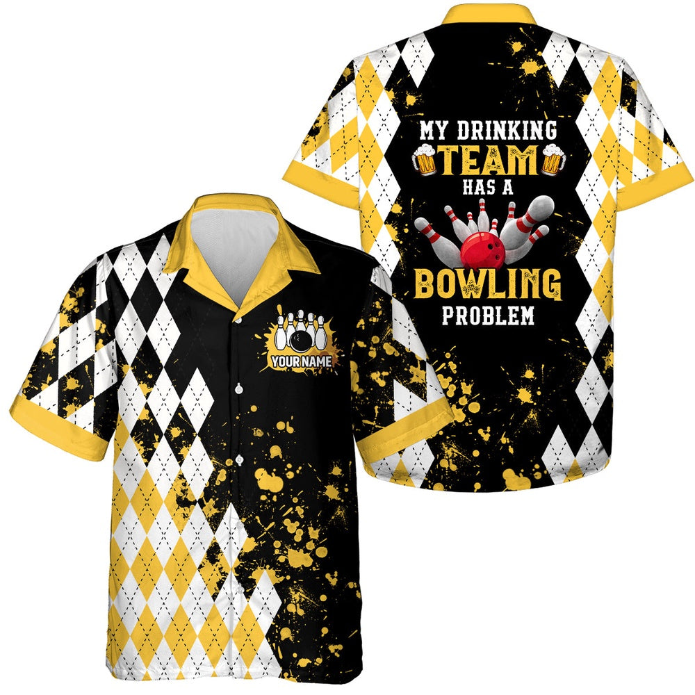Hawaiian Bowling Shirt, Yellow Argyle Pattern Retro Bowling Hawaiian Shirts, Custom Bowling Shirt, Button Up Bowling Shirts