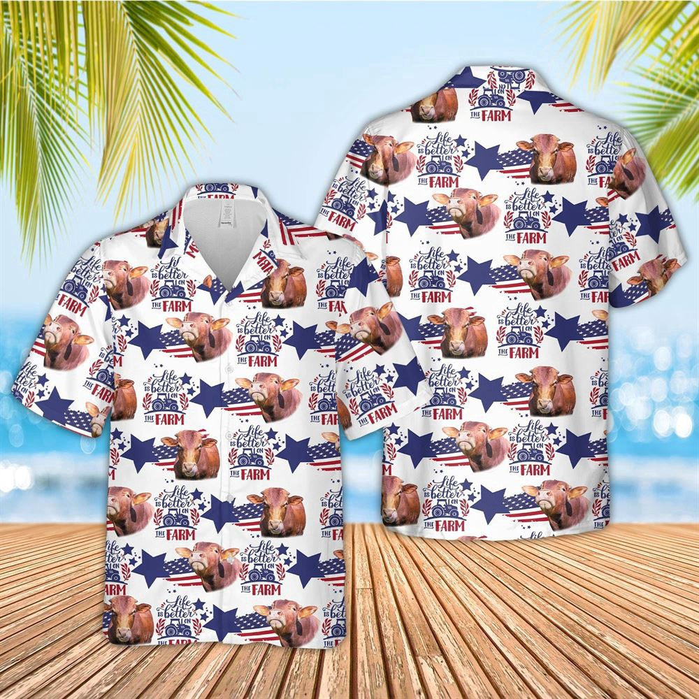 Hawaiian Cow Shirt, Beefmaster American Flag Pattern Hawaiian Shirt, Animal Hawaiian Shirts, Farmer Shirts