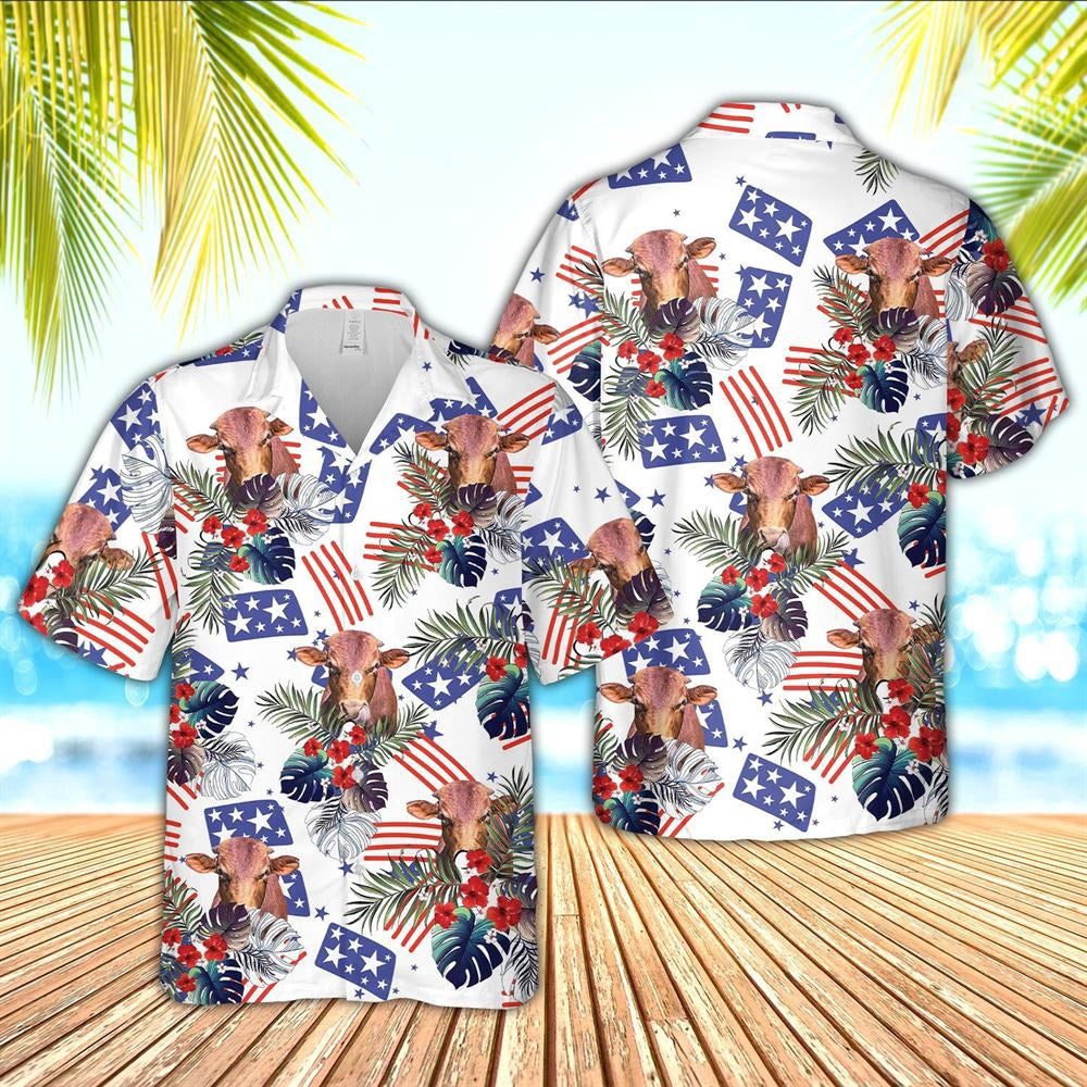 Hawaiian Cow Shirt, Beefmaster American Little Flowers And Flag Pattern Hawaiian Shirt, Animal Hawaiian Shirts, Farmer Shirts