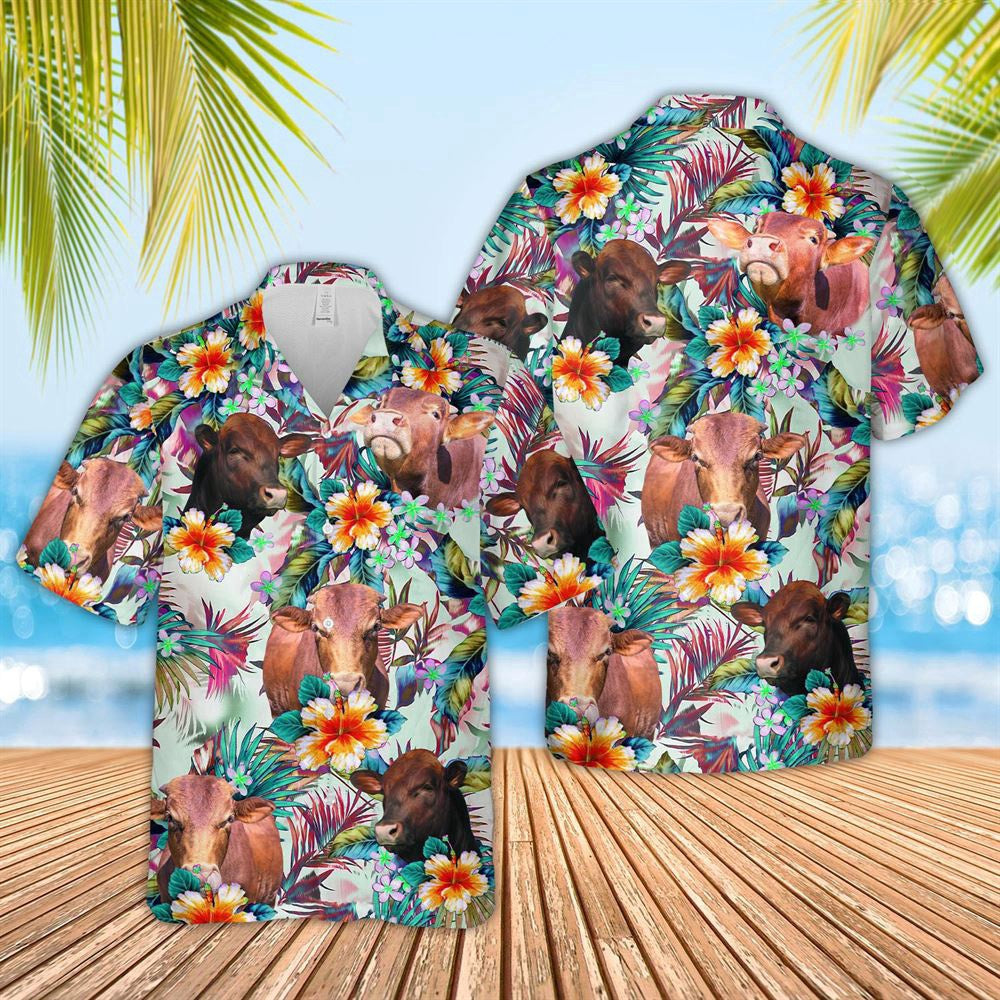 Hawaiian Cow Shirt, Beefmaster Colorful Leaf Pattern Hawaiian Shirt, Animal Hawaiian Shirts, Farmer Shirts