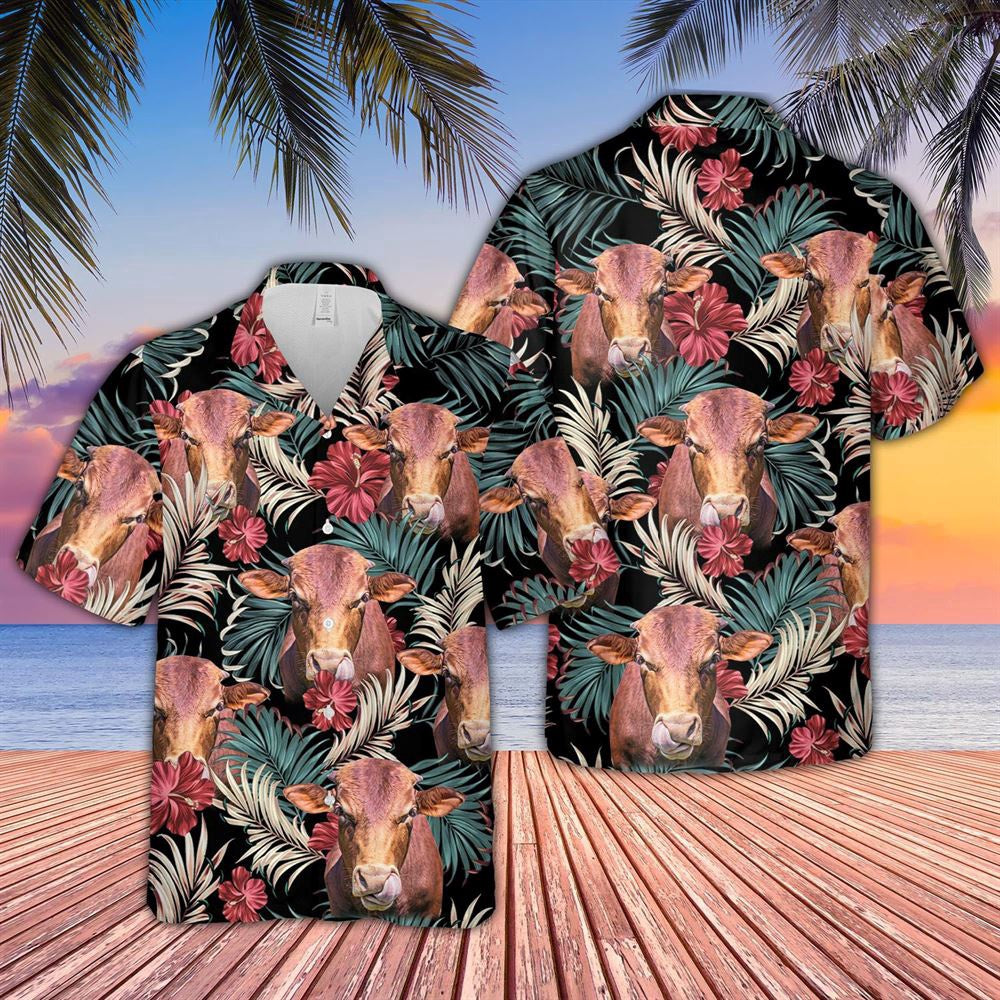 Hawaiian Cow Shirt, Beefmaster Dark Red Flowers Pattern Hawaiian Shirt, Animal Hawaiian Shirts, Farmer Shirts