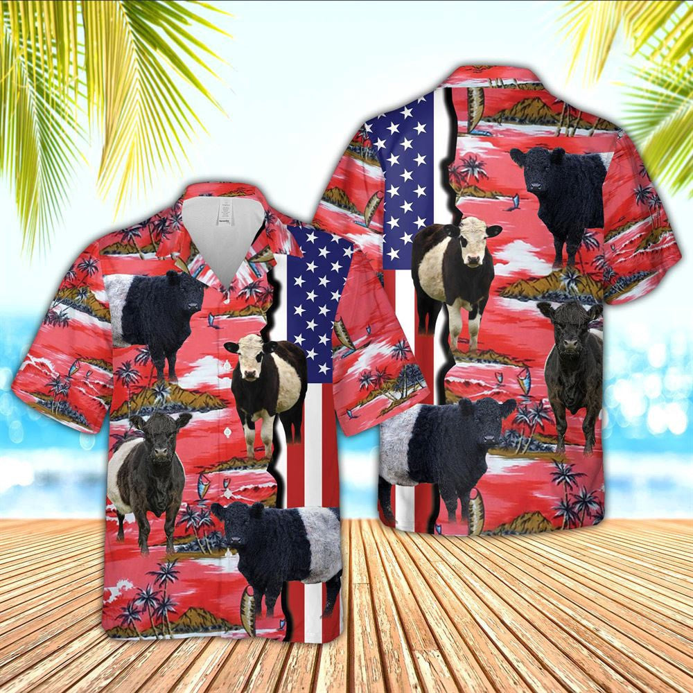 Hawaiian Cow Shirt, Belted Galloway American Flag Farming 3D Hawaiian Shirt, Animal Hawaiian Shirts, Farmer Shirts