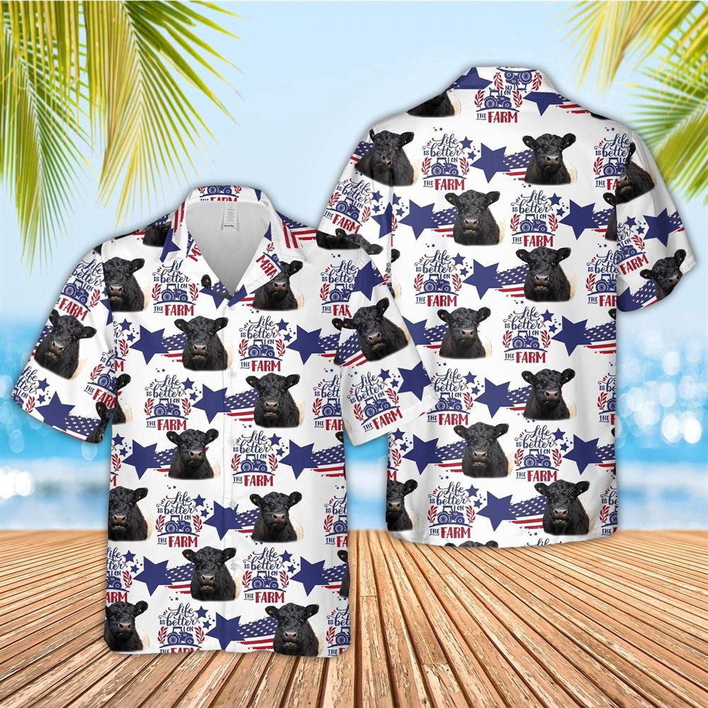 Hawaiian Cow Shirt, Belted Galloway American Flag Pattern Hawaiian Shirt, Animal Hawaiian Shirts, Farmer Shirts