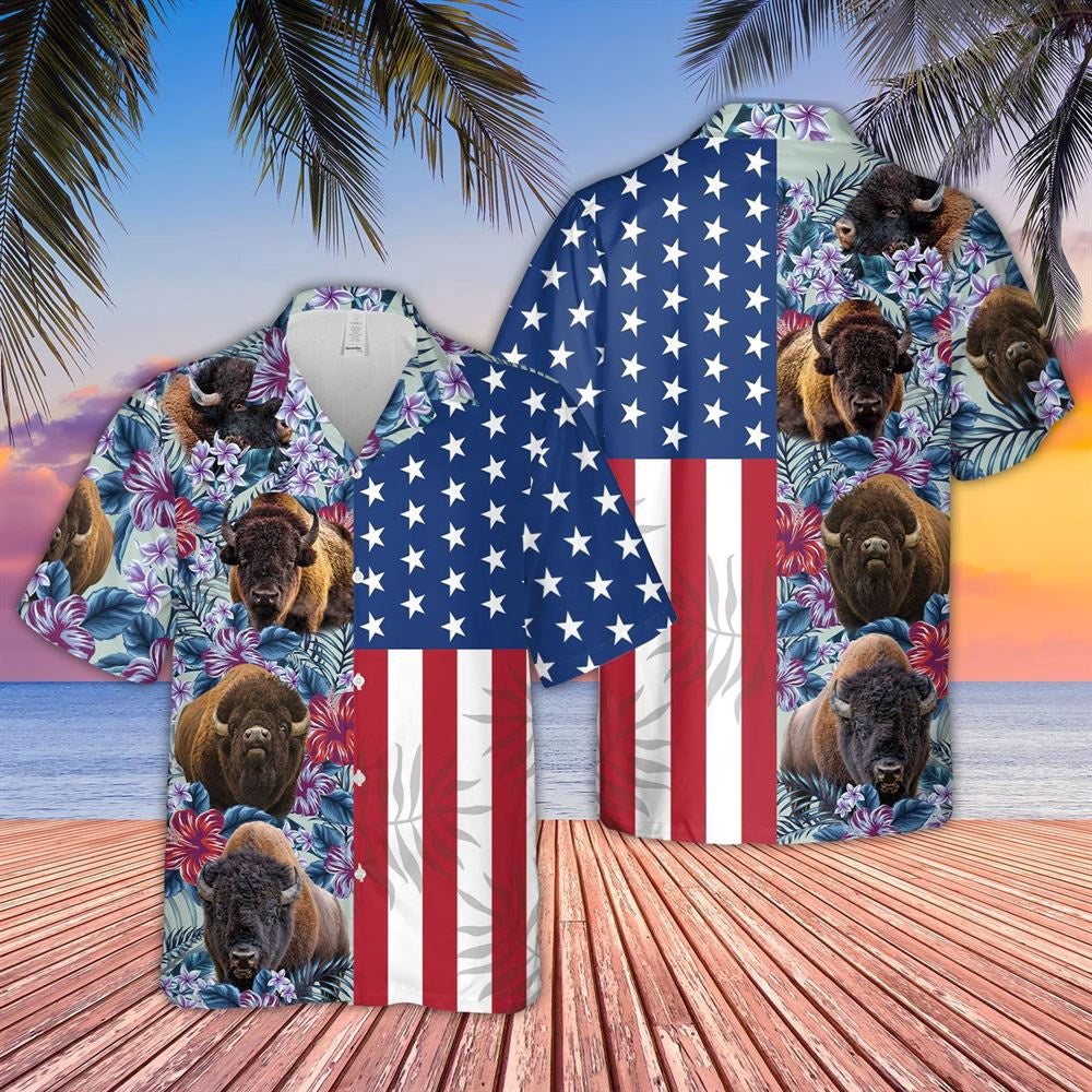 Hawaiian Cow Shirt, Bison Flower Pattern American 3D Hawaiian Shirt, Animal Hawaiian Shirts, Farmer Shirts