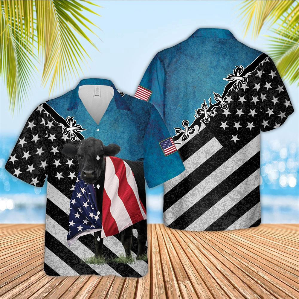 Hawaiian Cow Shirt, Black Angus Cattle American Flag Hawaiian Shirt, Animal Hawaiian Shirts, Farmer Shirts
