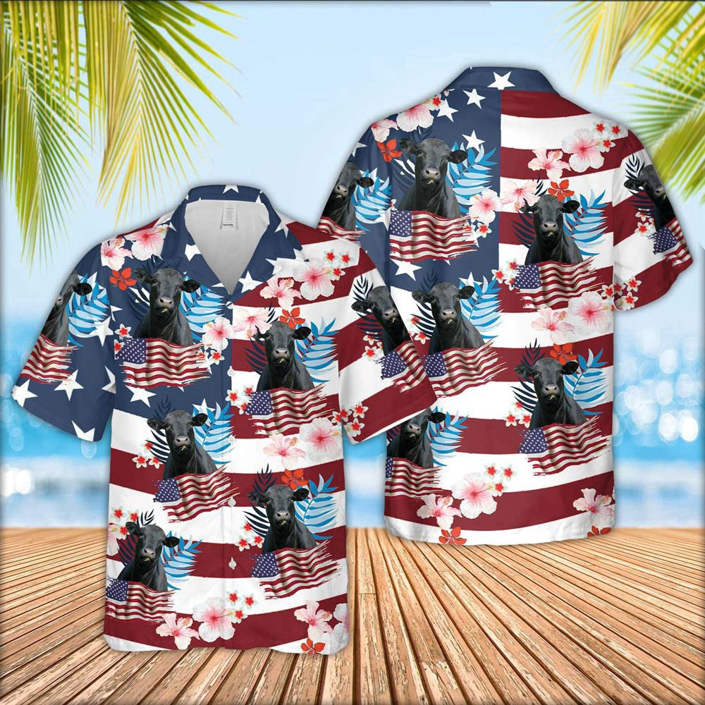 Hawaiian Cow Shirt, Black Angus Cattle Floral U.S Flag Pattern Hawaiian Shirt, Animal Hawaiian Shirts, Farmer Shirts