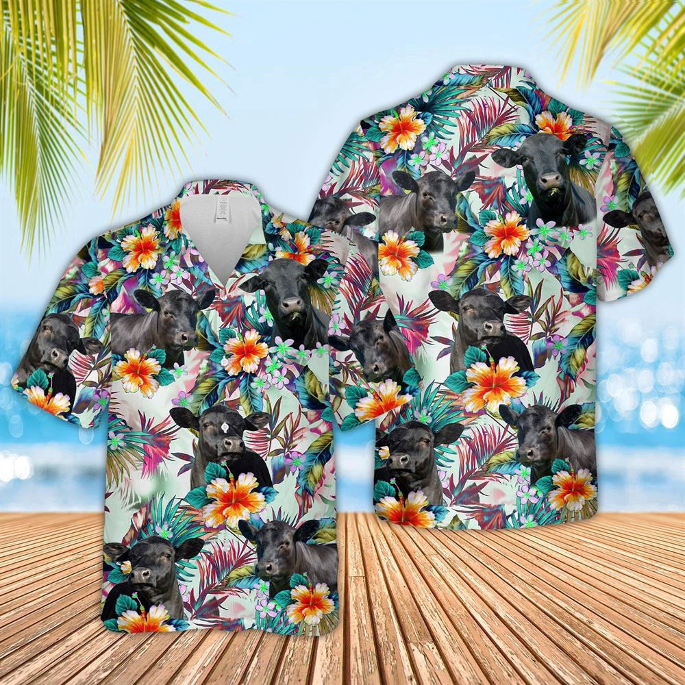 Hawaiian Cow Shirt, Black Angus Colorful Leaf Pattern Hawaiian Shirt, Animal Hawaiian Shirts, Farmer Shirts
