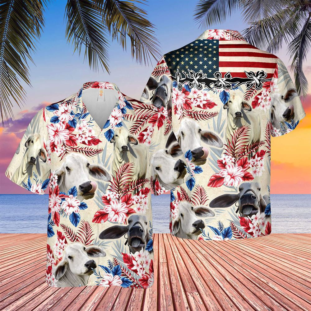 Hawaiian Cow Shirt, Brahman Cattle American Flag Hawaiian Flowers All Over Printed 3D Hawaiian Shirt, Animal Hawaiian Shirts, Farmer Shirts
