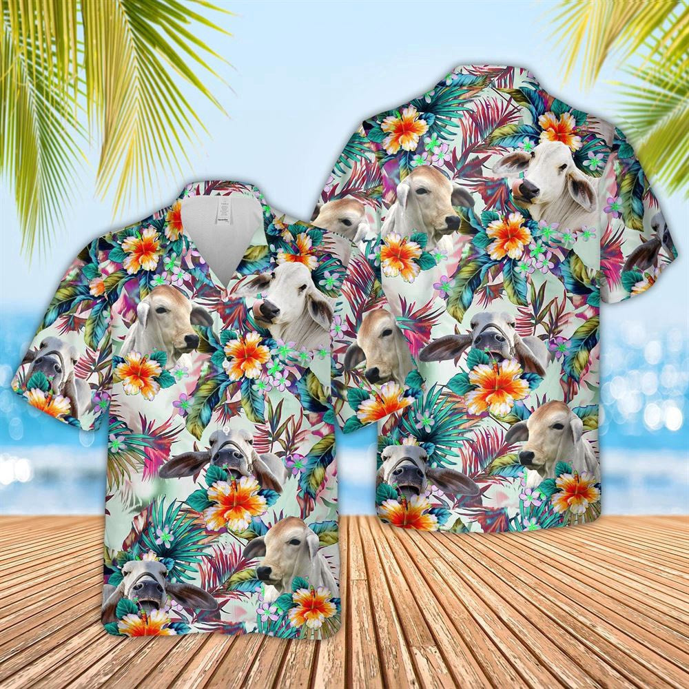 Hawaiian Cow Shirt, Brahman Cows With Flowers 3D Hawaiian Shirt, Animal Hawaiian Shirts, Farmer Shirts