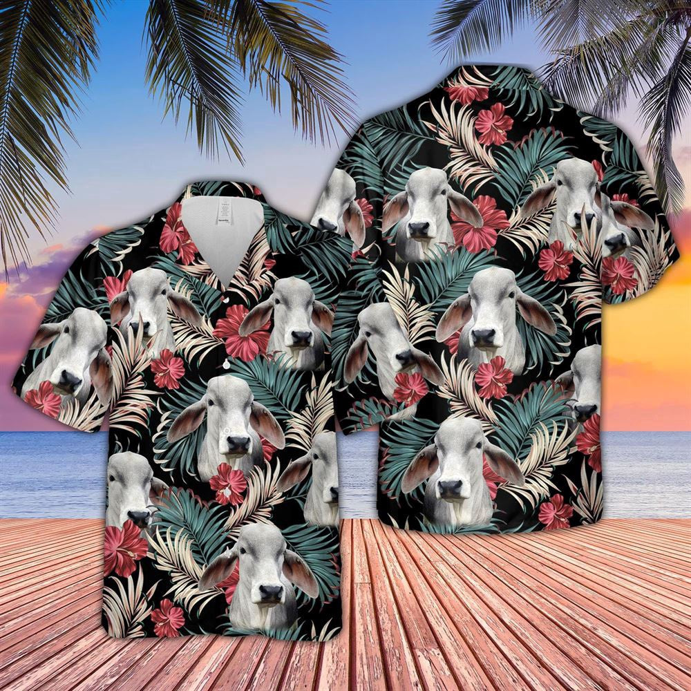 Hawaiian Cow Shirt, Brahman Dark Red Flowers Pattern Hawaiian Shirt, Animal Hawaiian Shirts, Farmer Shirts