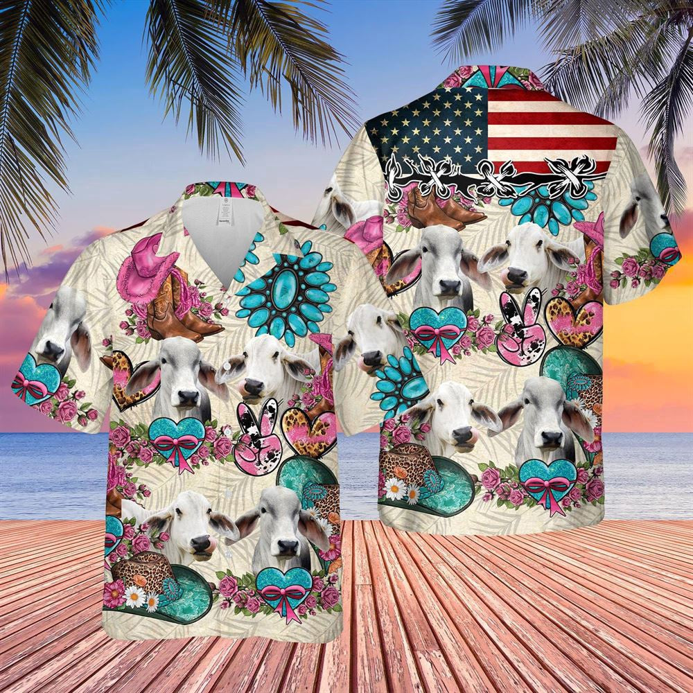 Hawaiian Cow Shirt, Brahman Happiness Flowers 3D Hawaiian Shirt, Animal Hawaiian Shirts, Farmer Shirts