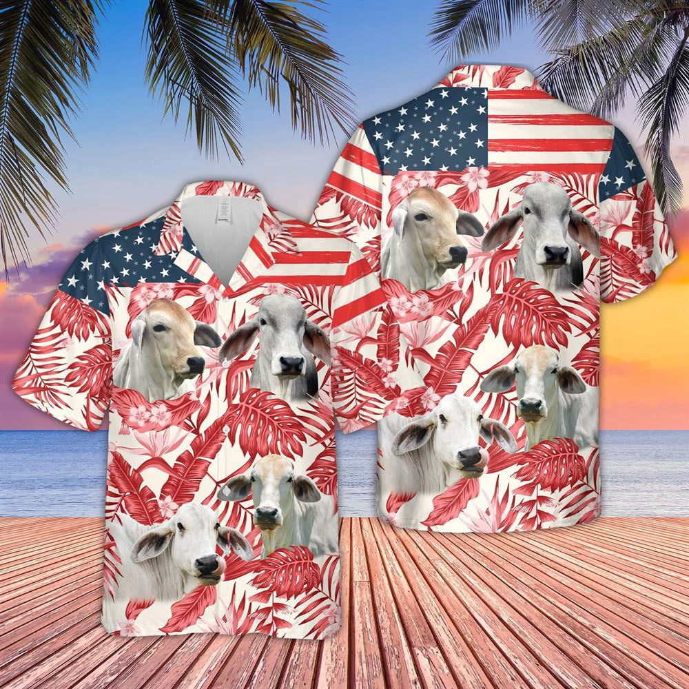 Hawaiian Cow Shirt, Brahman Red Floral Us Flag 3D Hawaiian Shirt, Animal Hawaiian Shirts, Farmer Shirts