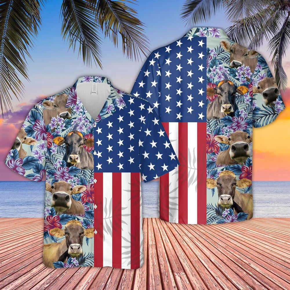 Hawaiian Cow Shirt, Brown Swiss Flower Pattern American 3D Hawaiian Shirt, Animal Hawaiian Shirts, Farmer Shirts