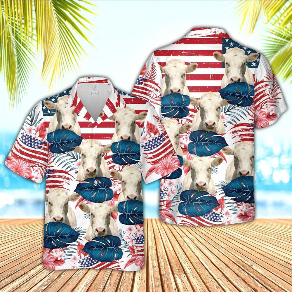Hawaiian Cow Shirt, Charolais Cattle Hibiscus Pattern Us Flag 3D Hawaiian Shirt, Animal Hawaiian Shirts, Farmer Shirts