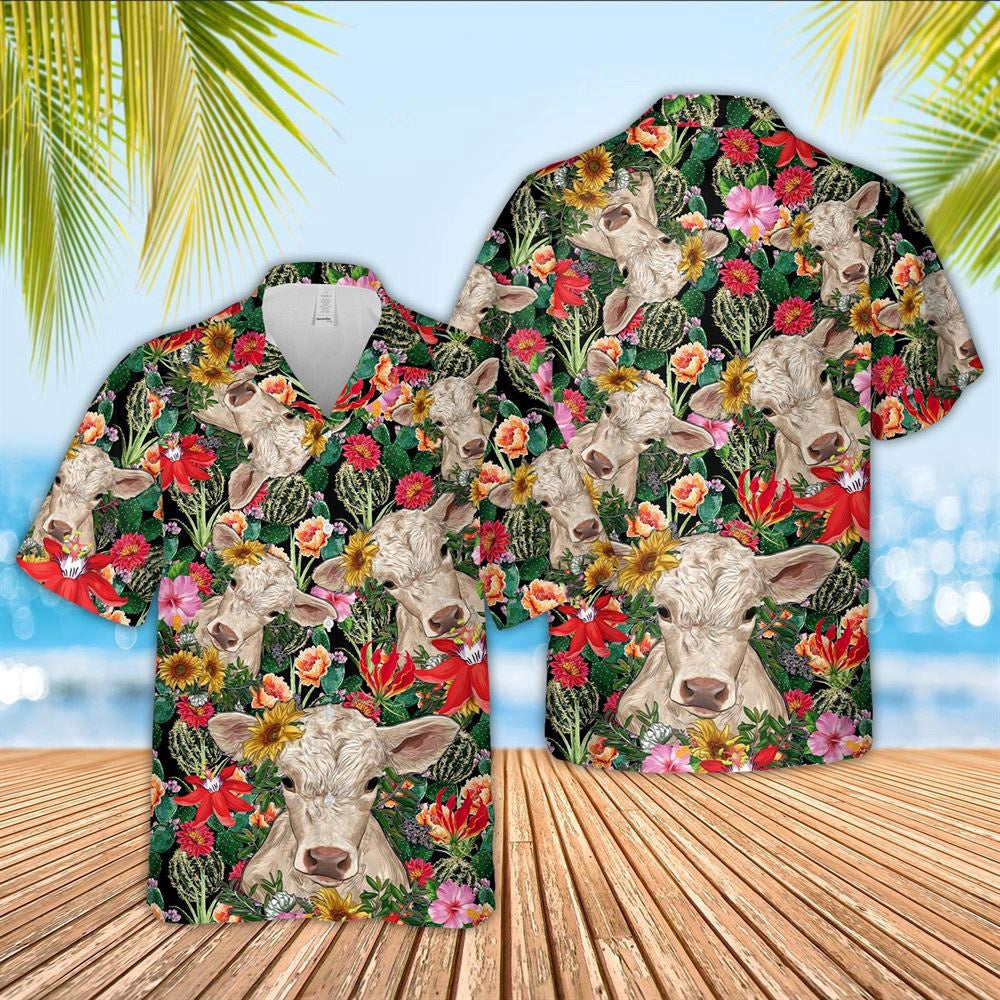 Hawaiian Cow Shirt, Charolais Cow And Flower Drawing Hawaiian Shirt, Animal Hawaiian Shirts, Farmer Shirts
