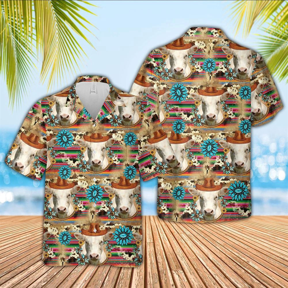 Hawaiian Cow Shirt, Charolais Cowboy Pattern 3D Hawaiian Shirt, Animal Hawaiian Shirts, Farmer Shirts