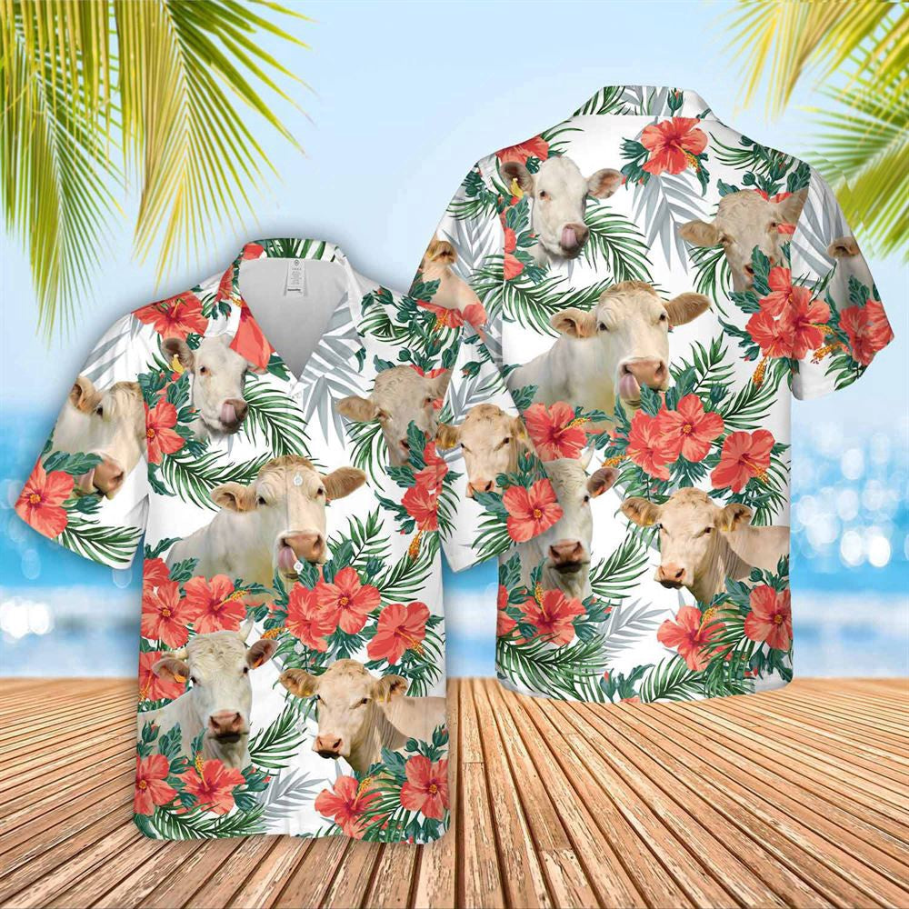 Hawaiian Cow Shirt, Charolais Hawaiian Shirt, Animal Hawaiian Shirts, Farmer Shirts