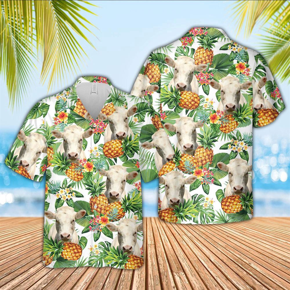 Hawaiian Cow Shirt, Charolais Pineapple Pattern 3D Hawaiian Shirt, Animal Hawaiian Shirts, Farmer Shirts