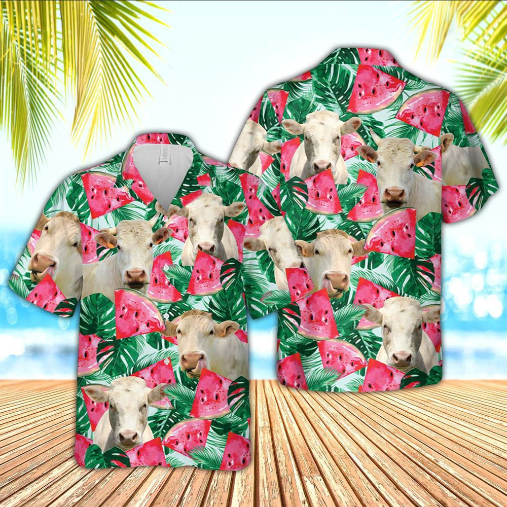 Hawaiian Cow Shirt, Charolais Watermelon 3D Hawaiian Shirt, Animal Hawaiian Shirts, Farmer Shirts