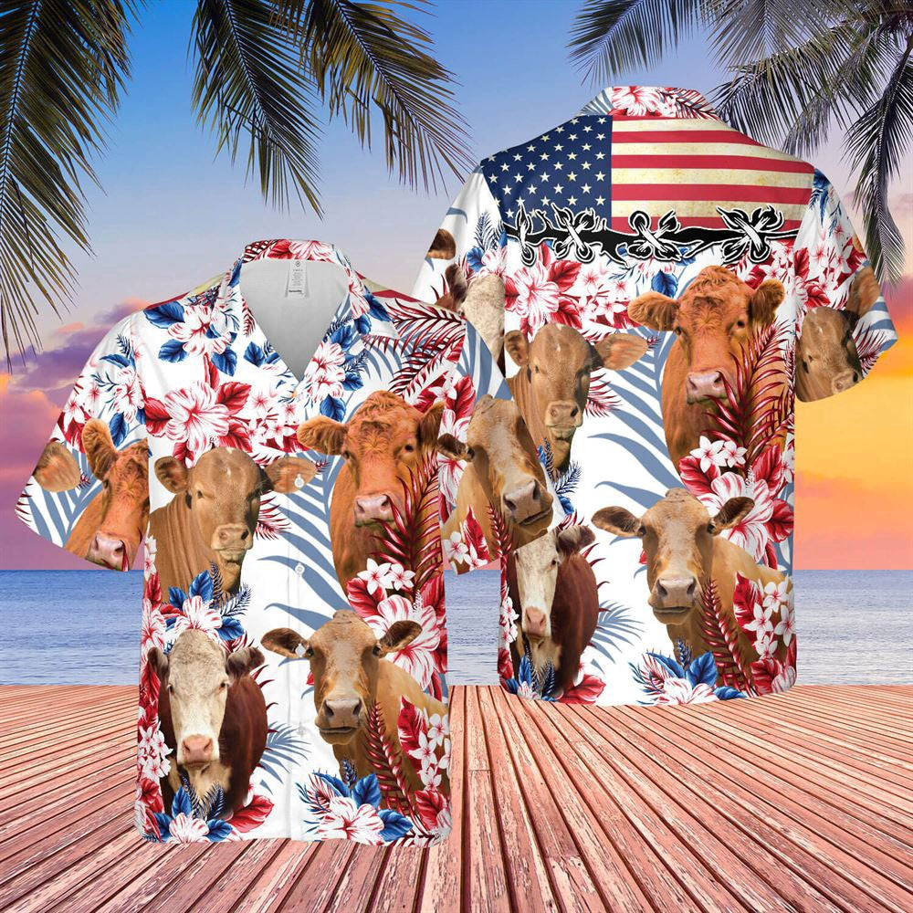 Hawaiian Cow Shirt, Cow American Flag All Over Printed 3D Hawaiian Shirt, Animal Hawaiian Shirts, Farmer Shirts
