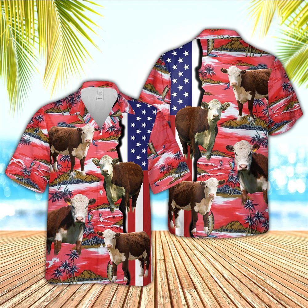 Hawaiian Cow Shirt, Hereford American Flag Farming 3D Hawaiian Shirt, Animal Hawaiian Shirts, Farmer Shirts
