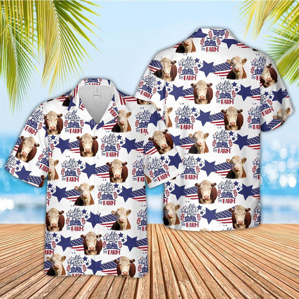 Hawaiian Cow Shirt, Hereford American Flag Pattern Hawaiian Shirt, Animal Hawaiian Shirts, Farmer Shirts