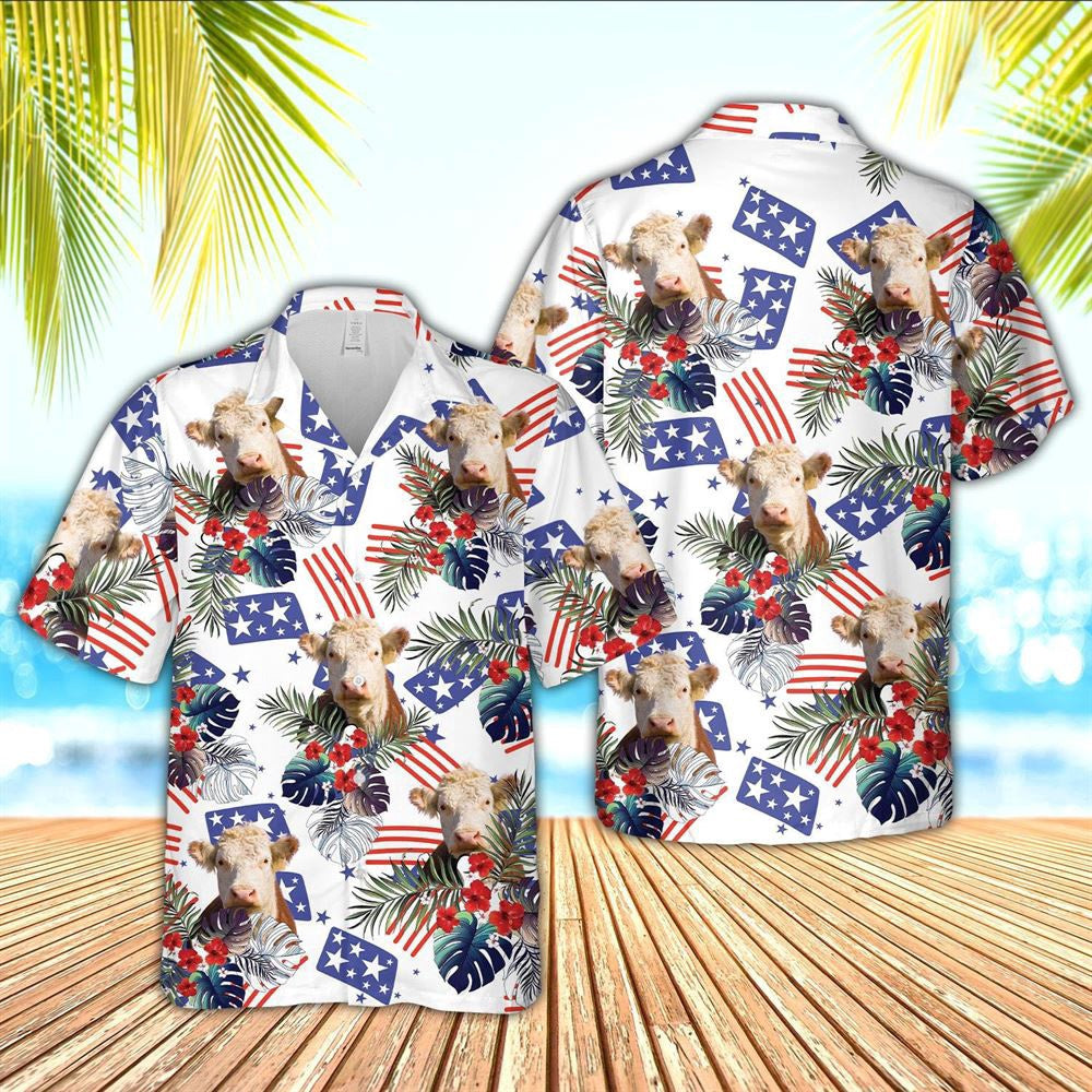 Hawaiian Cow Shirt, Hereford American Little Flowers And Flag Pattern Hawaiian Shirt, Animal Hawaiian Shirts, Farmer Shirts