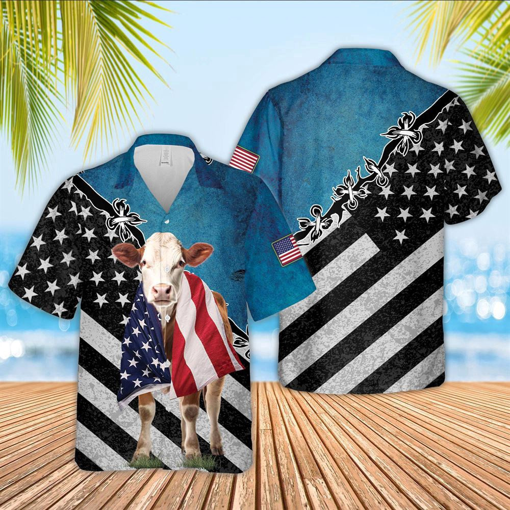 Hawaiian Cow Shirt, Hereford Cattle American Flag Hawaiian Shirt, Animal Hawaiian Shirts, Farmer Shirts