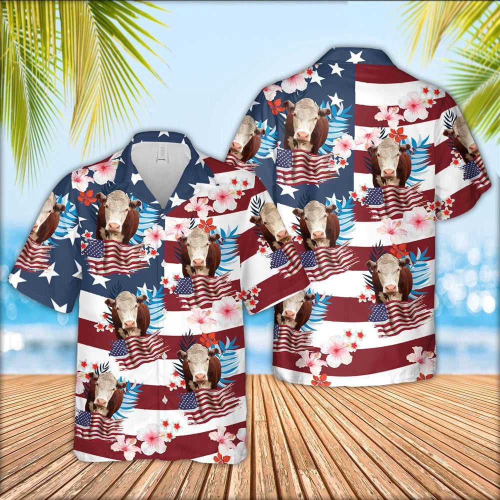 Hawaiian Cow Shirt, Hereford Cattle Floral U.S Flag Pattern Hawaiian Shirt, Animal Hawaiian Shirts, Farmer Shirts