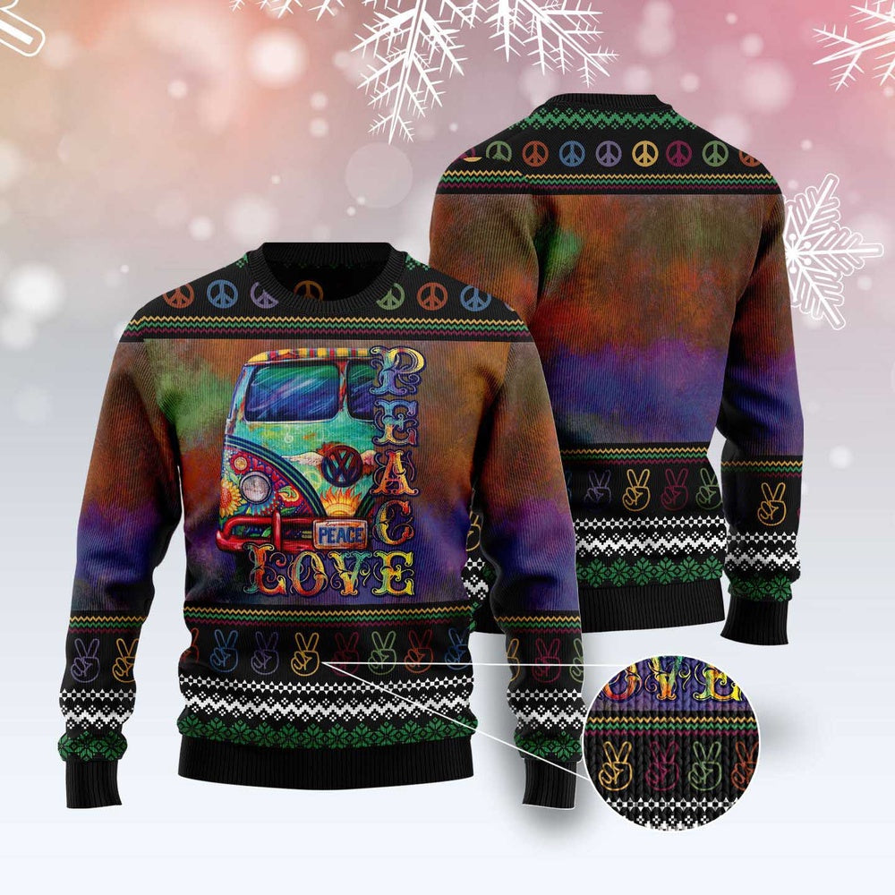 Hippie Peace Love Ugly Christmas Sweater, Funny Xmas Sweater, Sweater Xmas