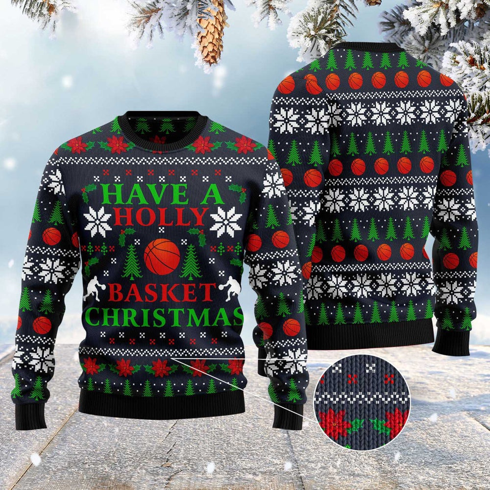 Holly Basket Basketball Christmas Ugly Christmas Sweater, Funny Xmas Sweater, Sweater Xmas