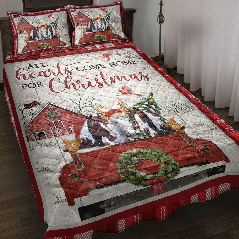 Horse Quilt Set, Horse With Truckmas Tree Snowflake Cozy Farmho Use Red Plaid Quilt Blanket