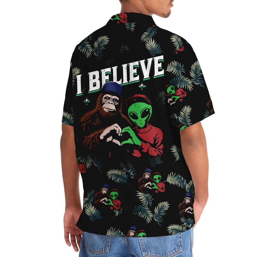 I Believe Funny Bigfoot Alien Hawaiian Shirt, Funny Hawaiian Shirt, Cool Hawaiian Shirts, Best Hawaiian Shirts