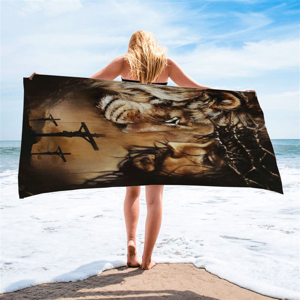 Jesus And Lion Face To Face Beach Towel, Christian Beach Towel, Christian Gift, Gift For Women