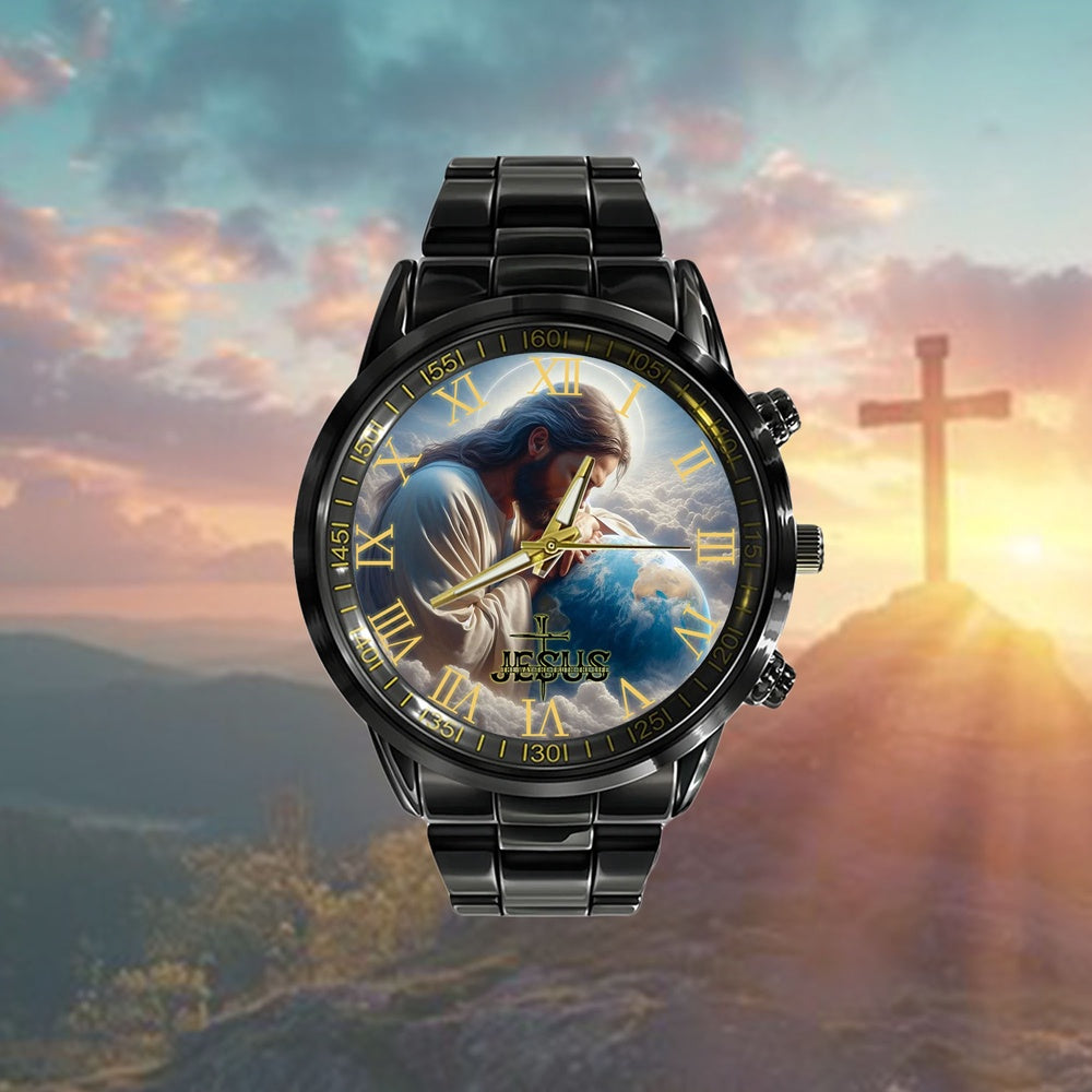 Jesus Black Stainless Steel Watch, Earth And Jesus Watch, Christian Watch, Religious Watch