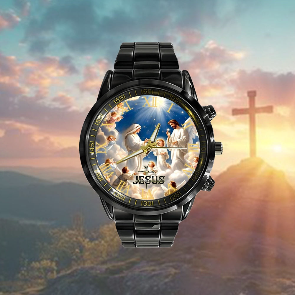 Jesus Black Stainless Steel Watch, Jesus And Virgin Watch, Christian Watch, Religious Watch