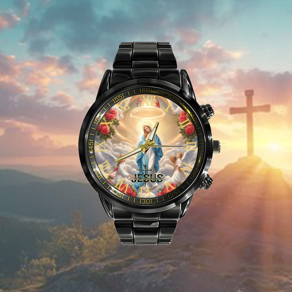 Jesus Black Stainless Steel Watch, Light And Blessings the Virgin Mary Watch, Christian Watch, Religious Watch