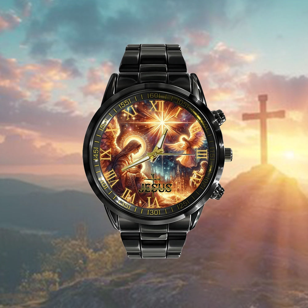 Jesus Black Stainless Steel Watch, Virgin And Jesus Watch, Christian Watch, Religious Watch