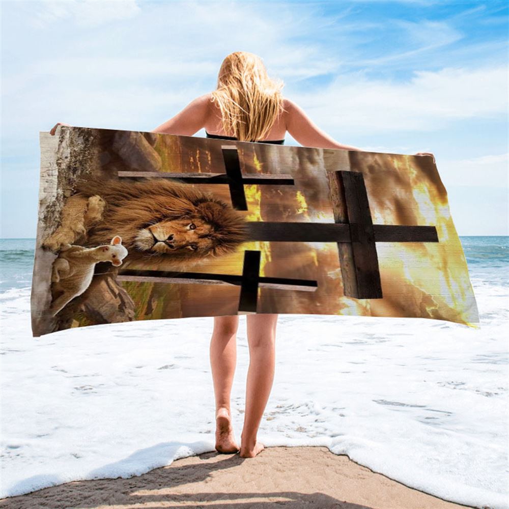 Jesus Lion Of Judah, Lamb Of God, Three Crosses Beach Towel, Christian Beach Towel, Christian Gift, Gift For Women