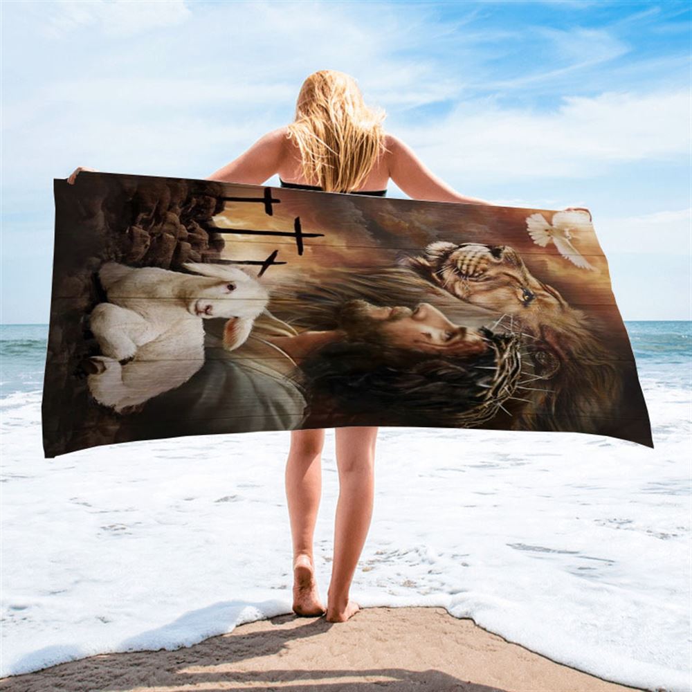 Lion Of Judah, Lamb Of God, Dove Of Peace, Beautiful Aspects Of God Beach Towel, Christian Beach Towel, Christian Gift, Gift For Women