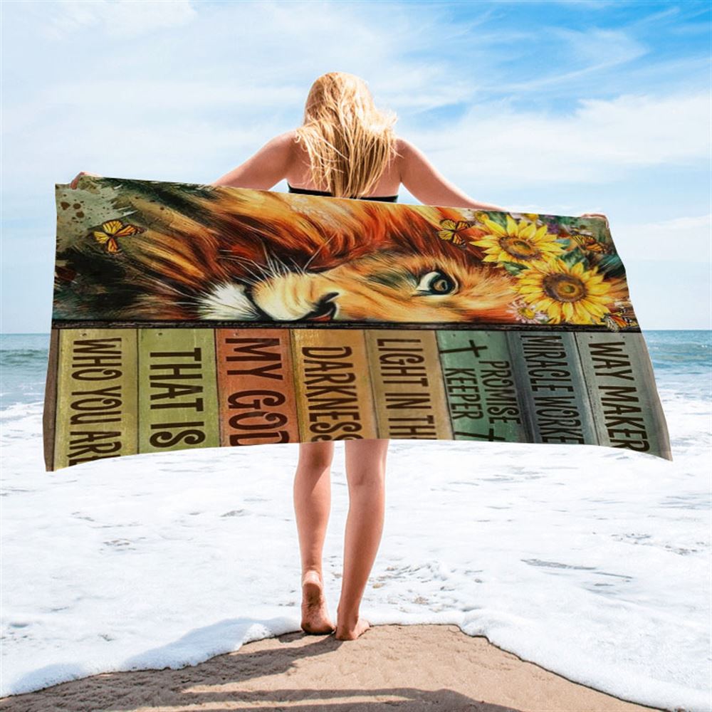 Lion Of Judah Sunflower Wreath Way Maker Miracle Worker Beach Towel, Christian Beach Towel, Christian Gift, Gift For Women