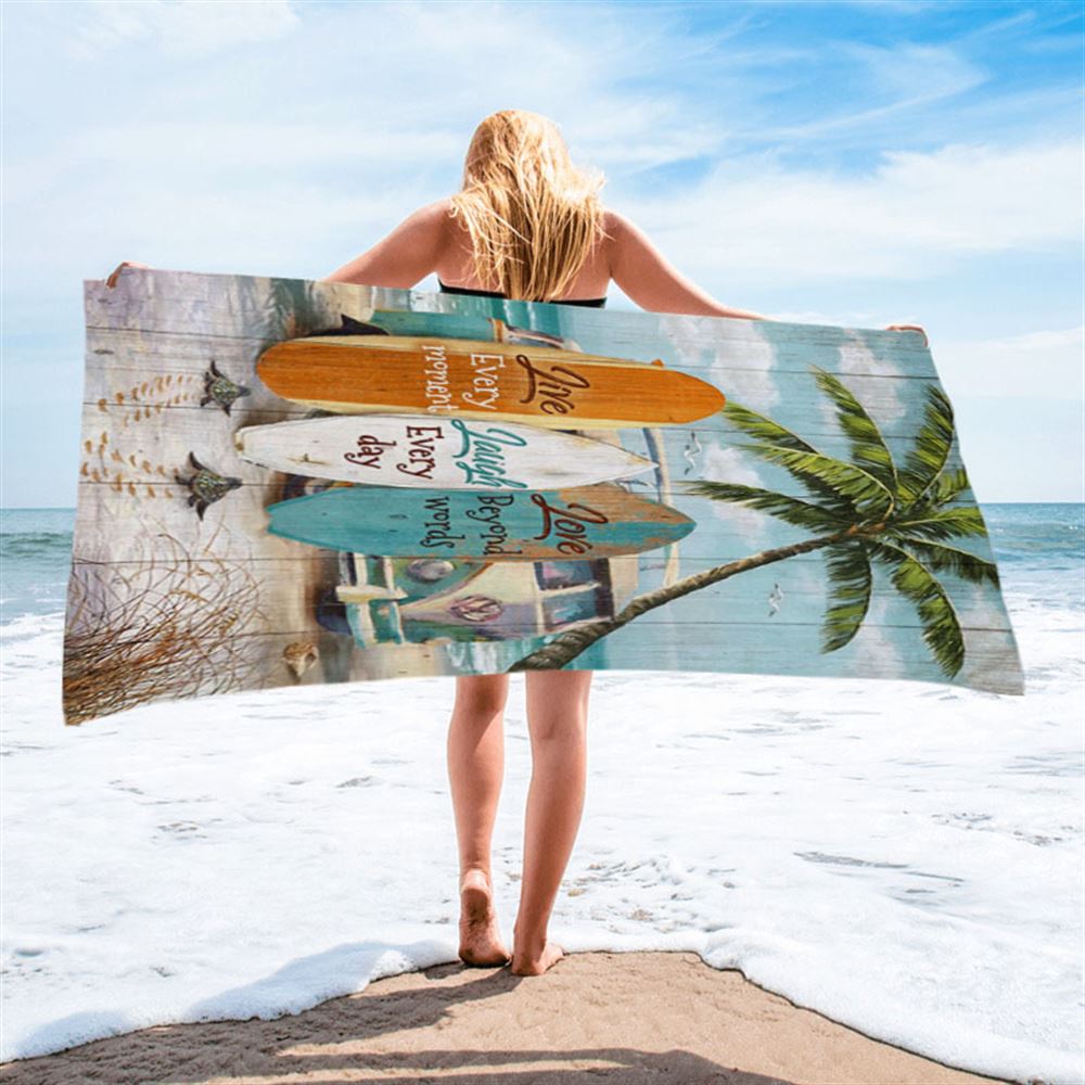 Live Every Moment Beach Little Sea Turtle Surfboard Beach Towel - Christian Beach Towel - Bible Verse Beach Towel