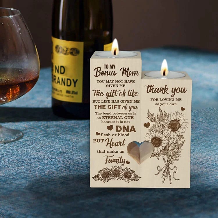 Mother's Day Candle Holders, To My Bonus Mom Heart Candle Holders, Thank You For Loving Me As Your Own, Sunflower Heart Candle Holder